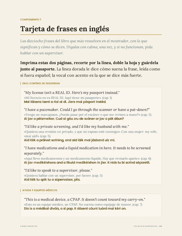 Página 228 de Volar sin sorpresas: la tarjeta de frases en inglés, con lo que significan y cómo se pronuncian.
